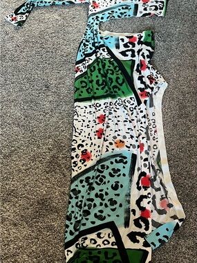 Norma Kamali one sleeve Colorblock Animal Print Maxi Dress with cutouts Sz L